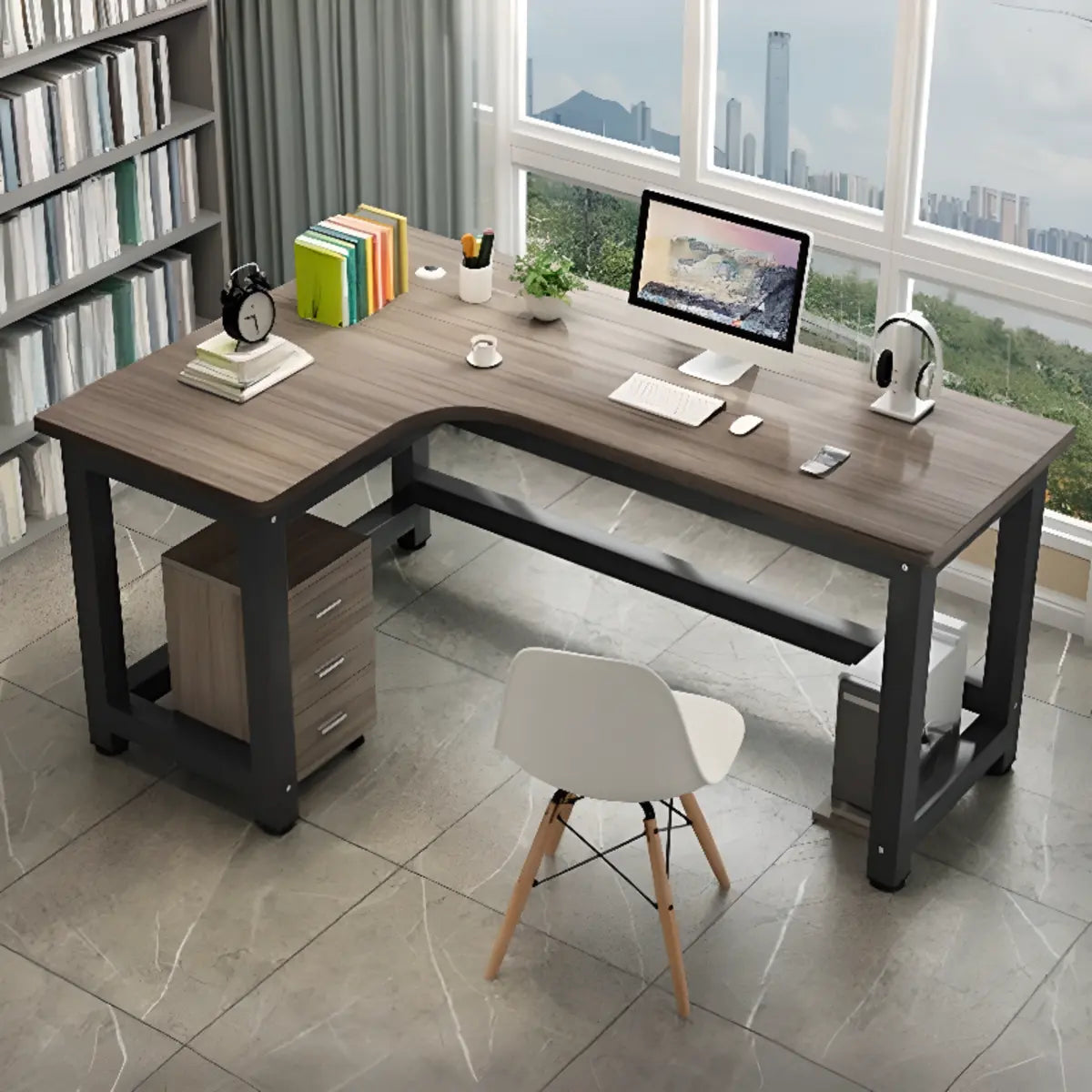 Modern L-Shape Gray Wood H-Shape Base Computer Desk Image - 5