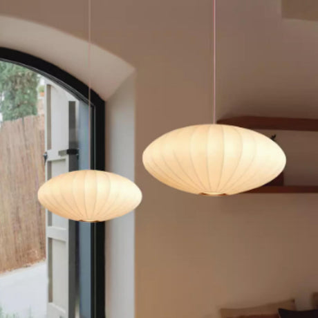 Modern Lantern Oval UFO White Silk Pendant Light Image - 1