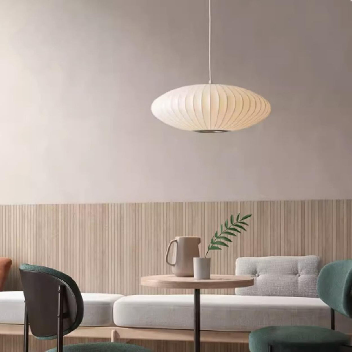 Modern Lantern Oval UFO White Silk Pendant Light Image - 6