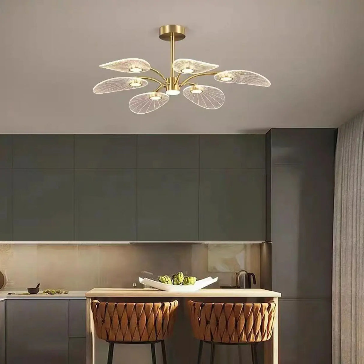 Modern Leaf Design Gold Ceiling Light Bedroom Chandelier Image - 4