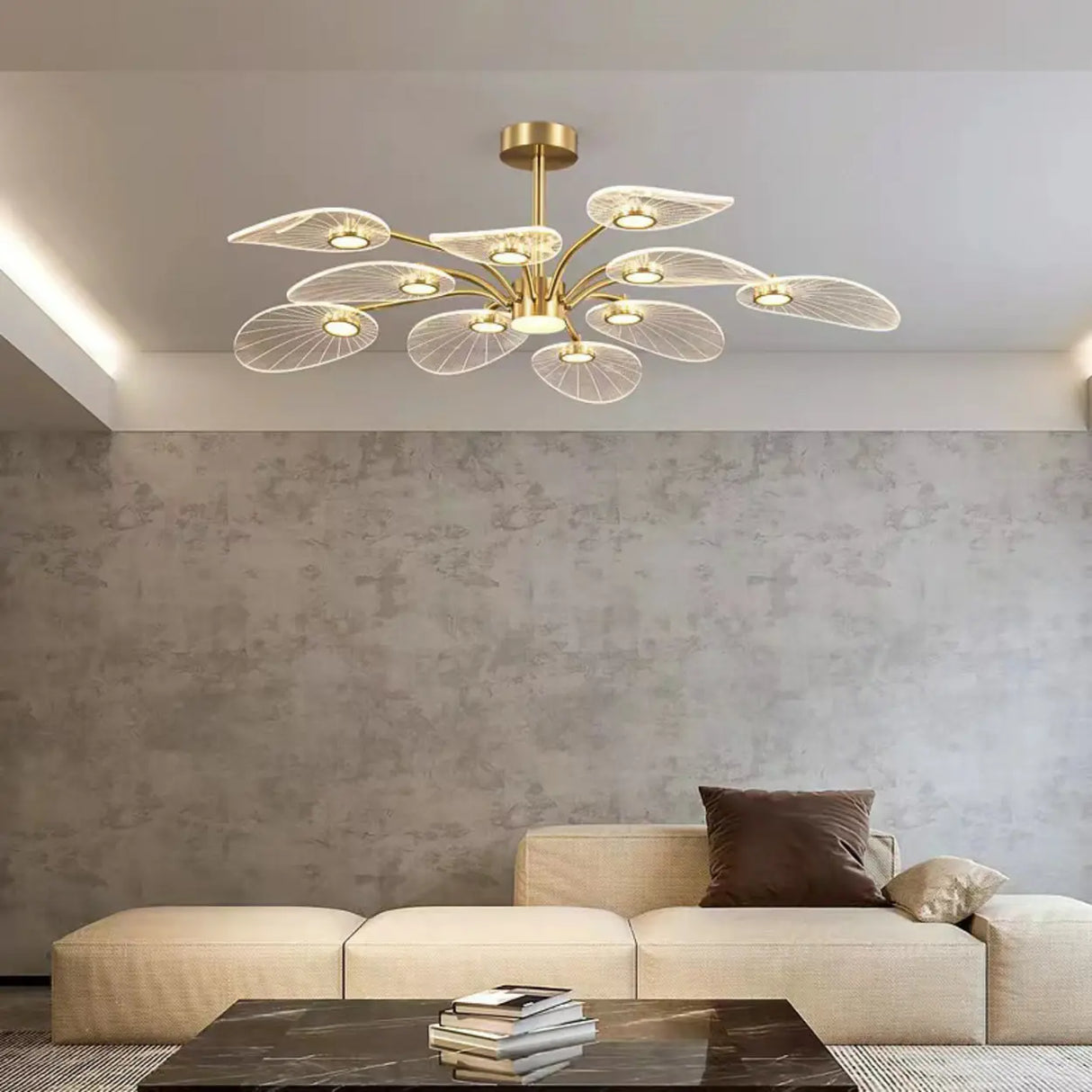 Modern Leaf Design Gold Ceiling Light Bedroom Chandelier Image - 6