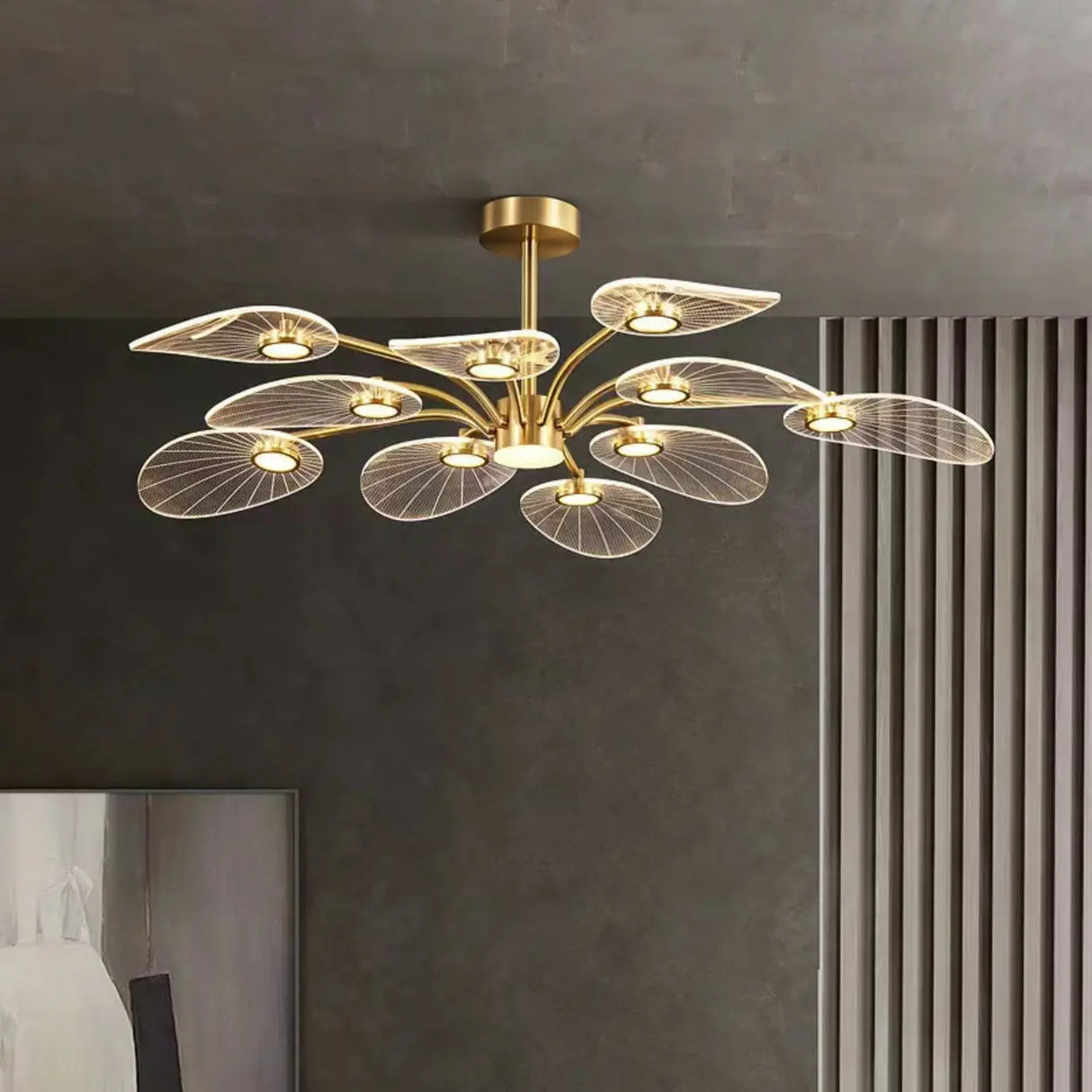 Modern Leaf Design Gold Ceiling Light Bedroom Chandelier Image - 7