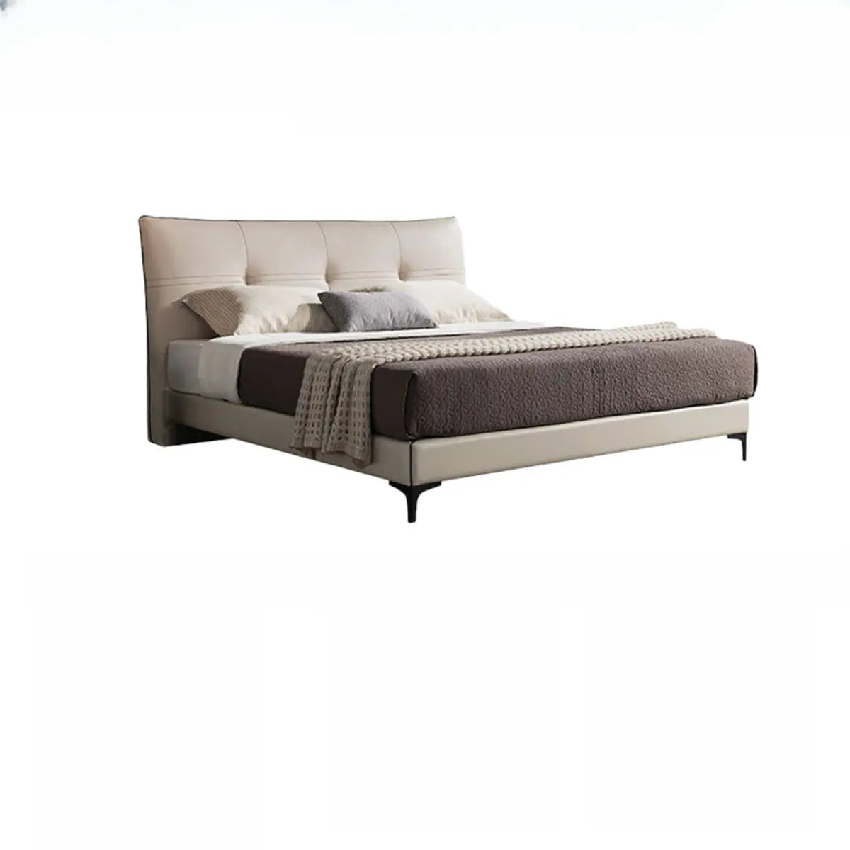 Modern Leather Beige King Bed with Plush Headboard Image - 2