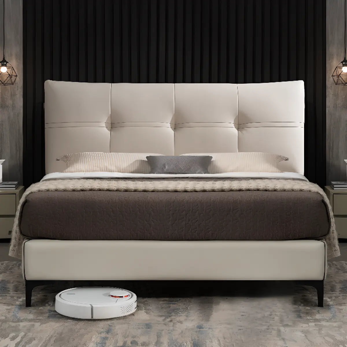 Modern Leather Beige King Bed with Plush Headboard Image - 4