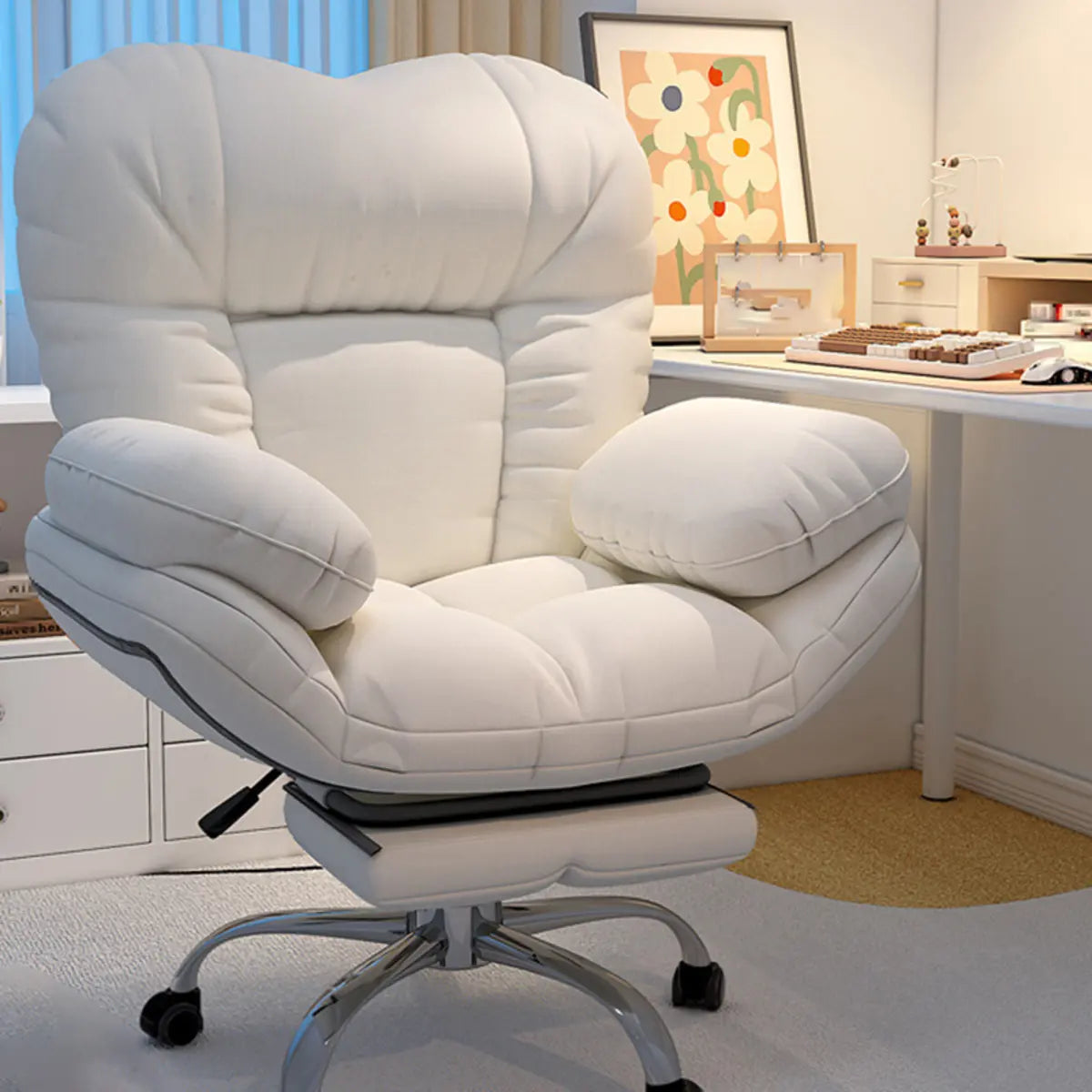 Modern Leather Casters Adjustable White Plush Office Chair Image - 1