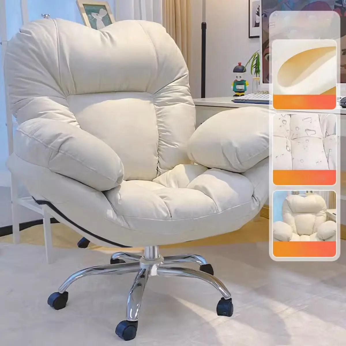 Modern Leather Casters Adjustable White Plush Office Chair Image - 3