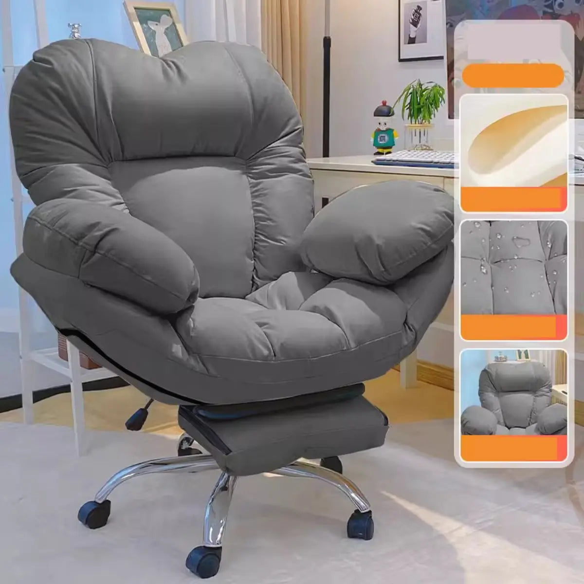 Modern Leather Casters Adjustable White Plush Office Chair Image - 8