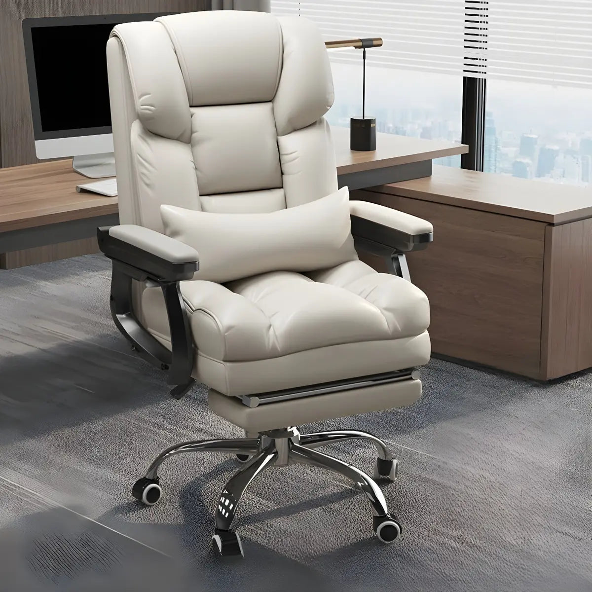 Modern Leather Reclining Steel Frame Grey Office Chair Image - 13