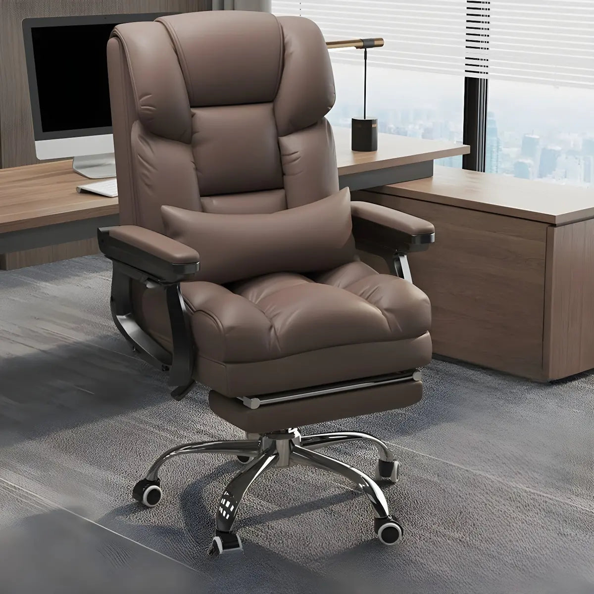 Modern Leather Reclining Steel Frame Grey Office Chair Image - 15