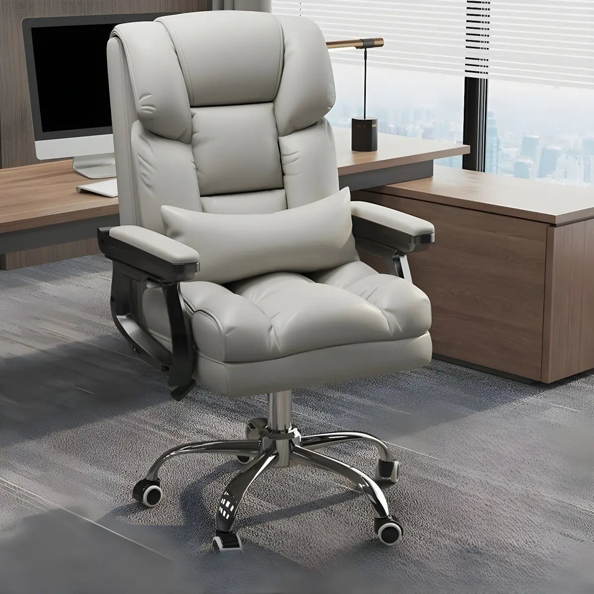 Modern Leather Reclining Steel Frame Grey Office Chair Image - 2