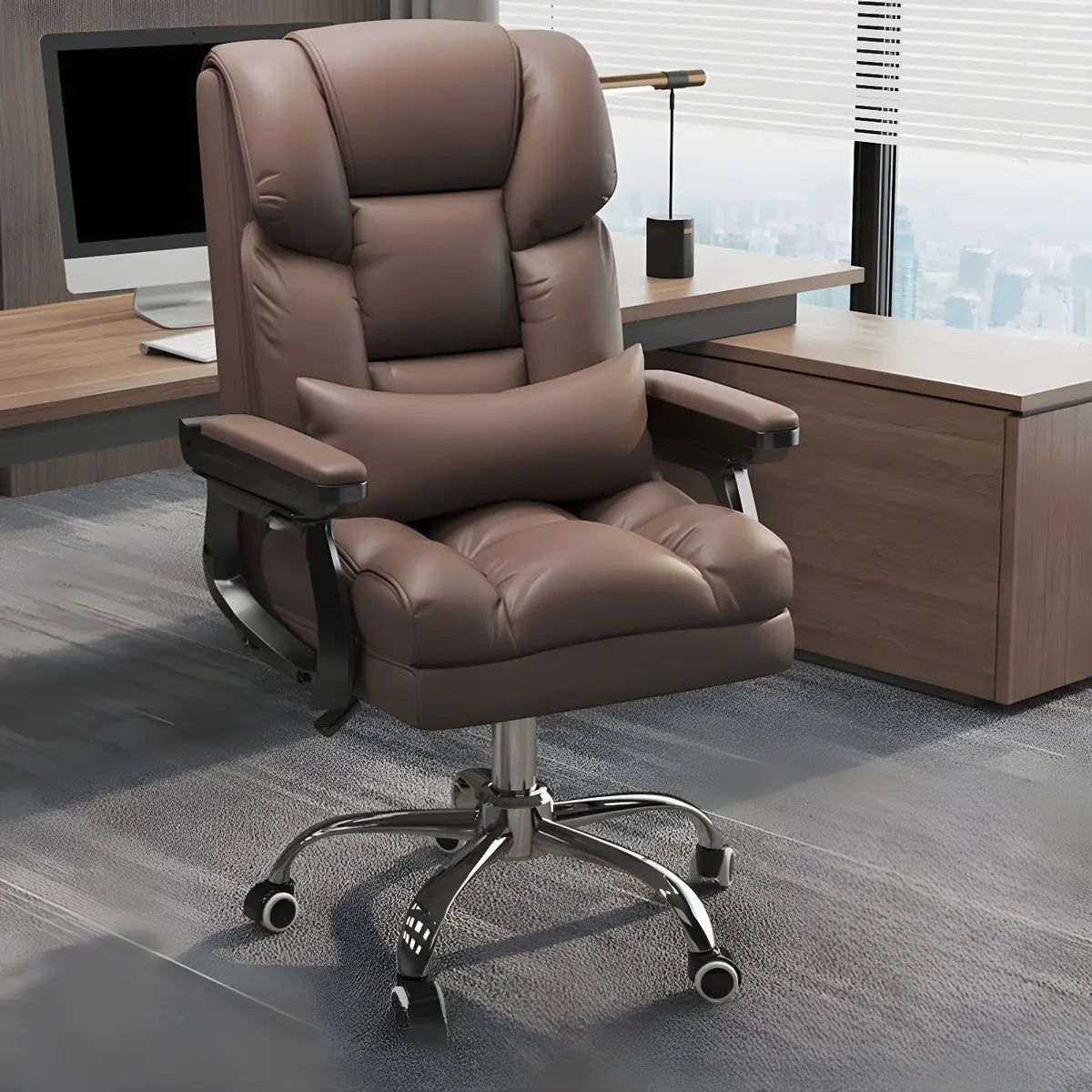 Modern Leather Reclining Steel Frame Grey Office Chair Image - 3