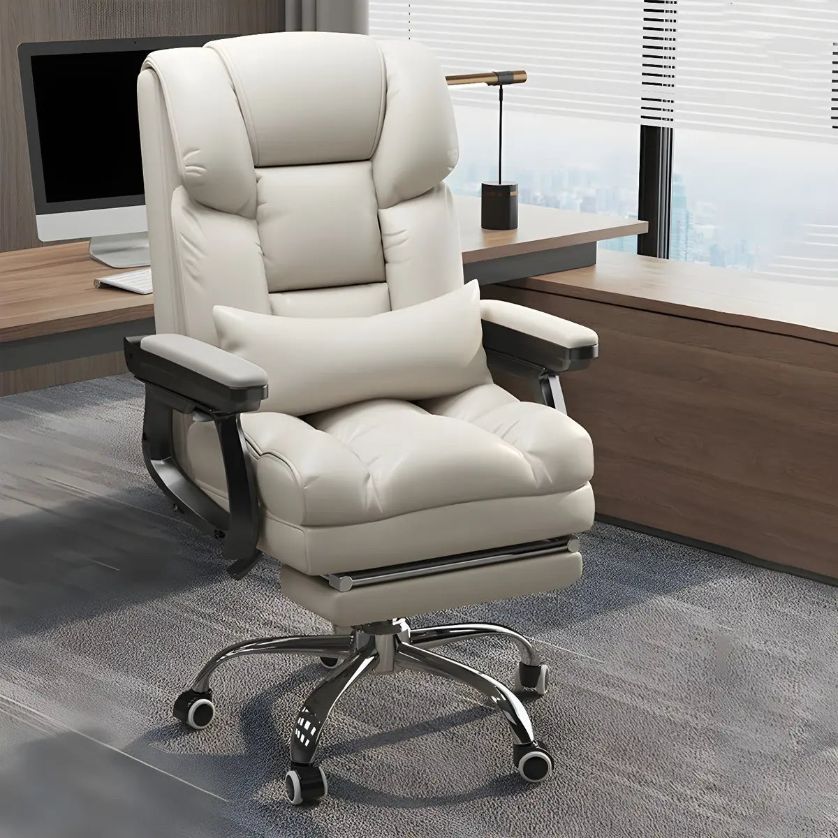 Modern Leather Reclining Steel Frame Grey Office Chair Image - 6