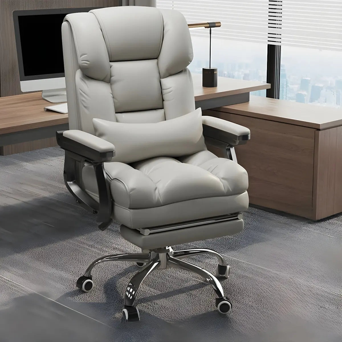 Modern Leather Reclining Steel Frame Grey Office Chair Image - 7