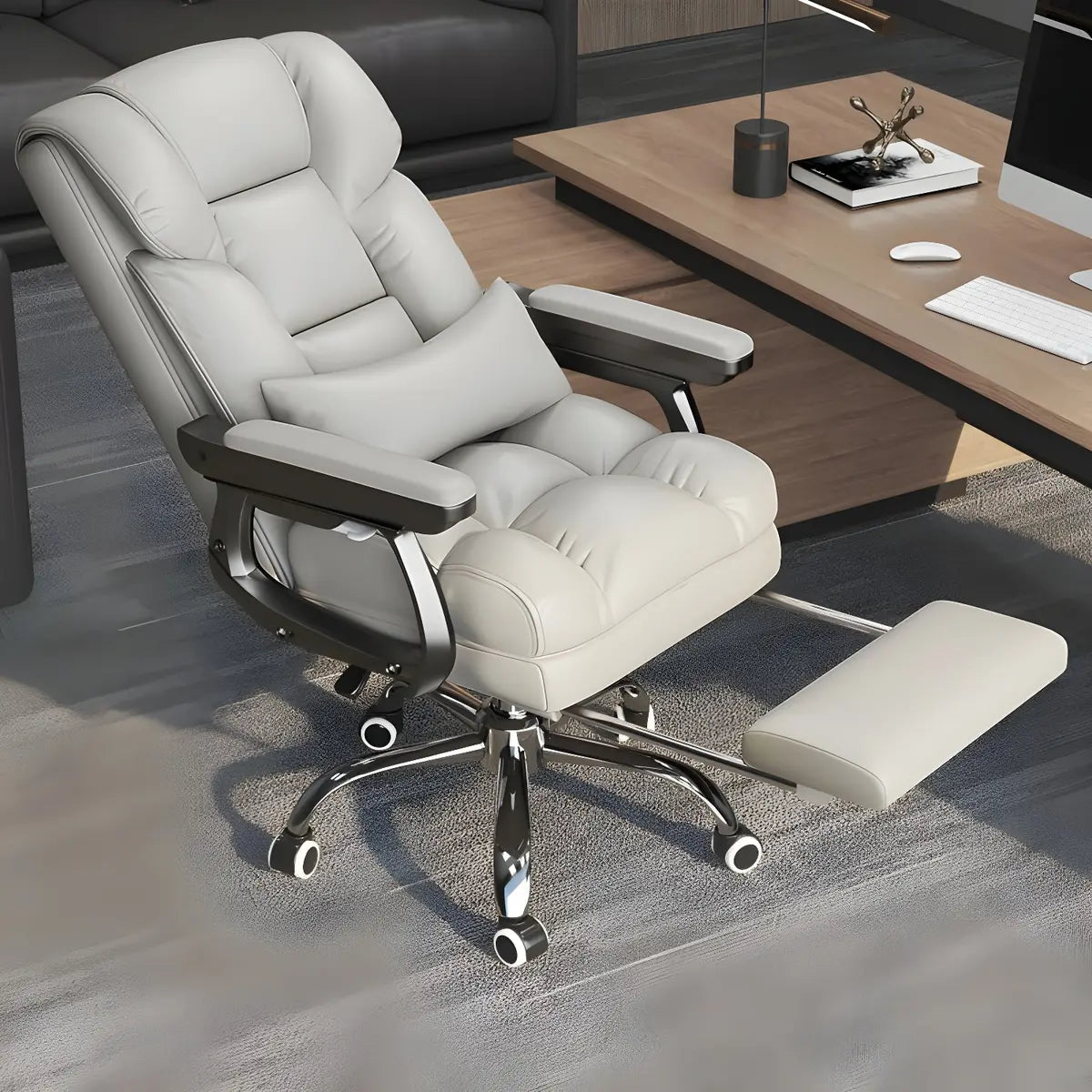 Modern Leather Reclining Steel Frame Grey Office Chair Image - 8