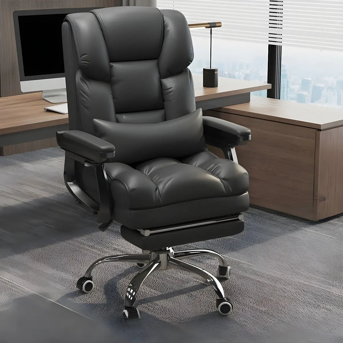 Modern Leather Reclining Steel Frame Grey Office Chair Image - 9