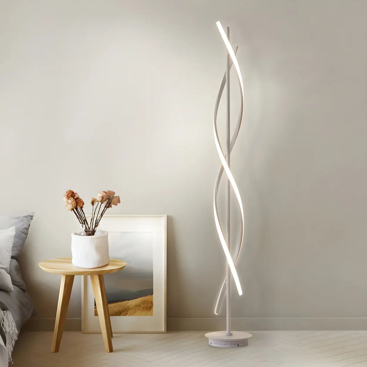 Modern LED Bedroom White Spiral Acrylic Floor Lamp Image - 2