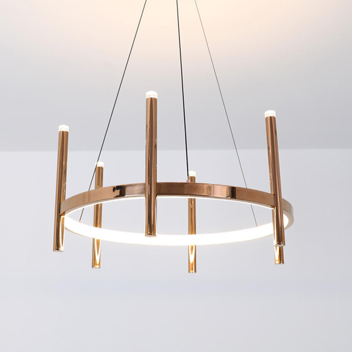 Modern LED Gold Ring Chandelier Vertical Tubes Image - 8