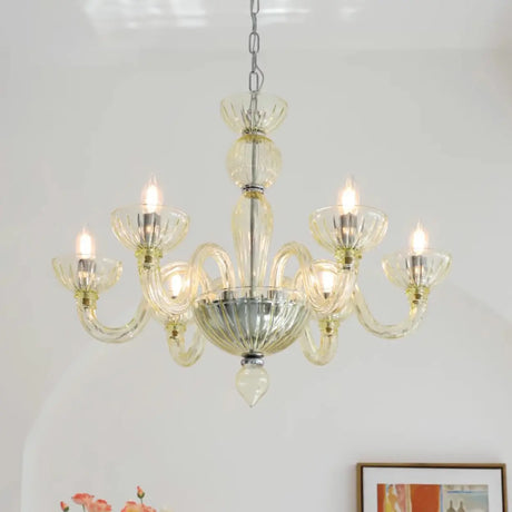 Modern Lemon Yellow Glass Chandelier Adjustable Height,  Image - 2