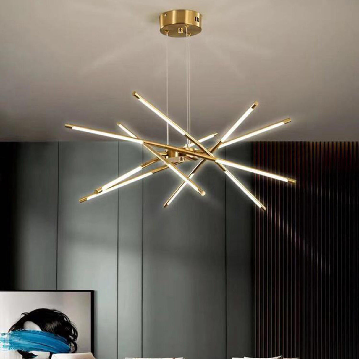 Modern Linear Gold LED Chandelier, Adjustable Height Image - 1