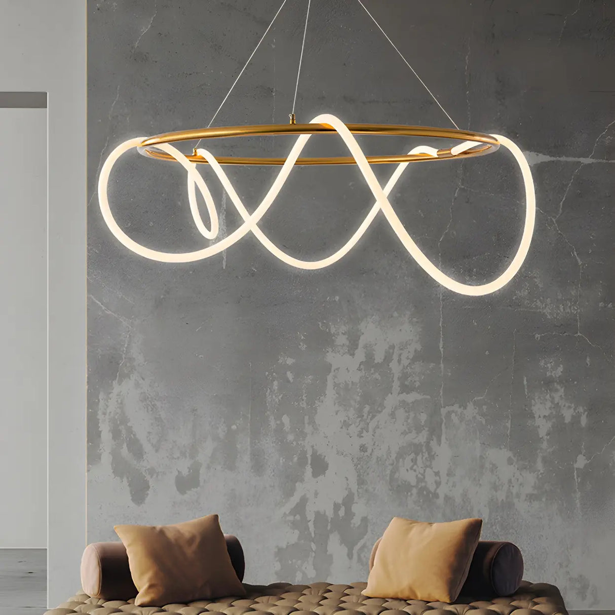 Modern Linear Twisted LED Ring Aluminum Chandelier Gold Image - 2