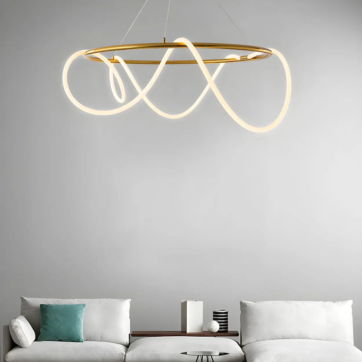 Modern Linear Twisted LED Ring Aluminum Chandelier Gold Image - 3