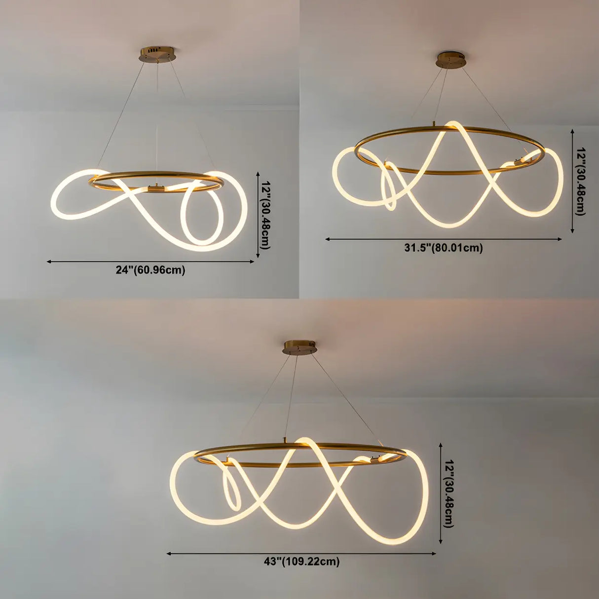 Modern Linear Twisted LED Ring Aluminum Chandelier Gold Image - 6