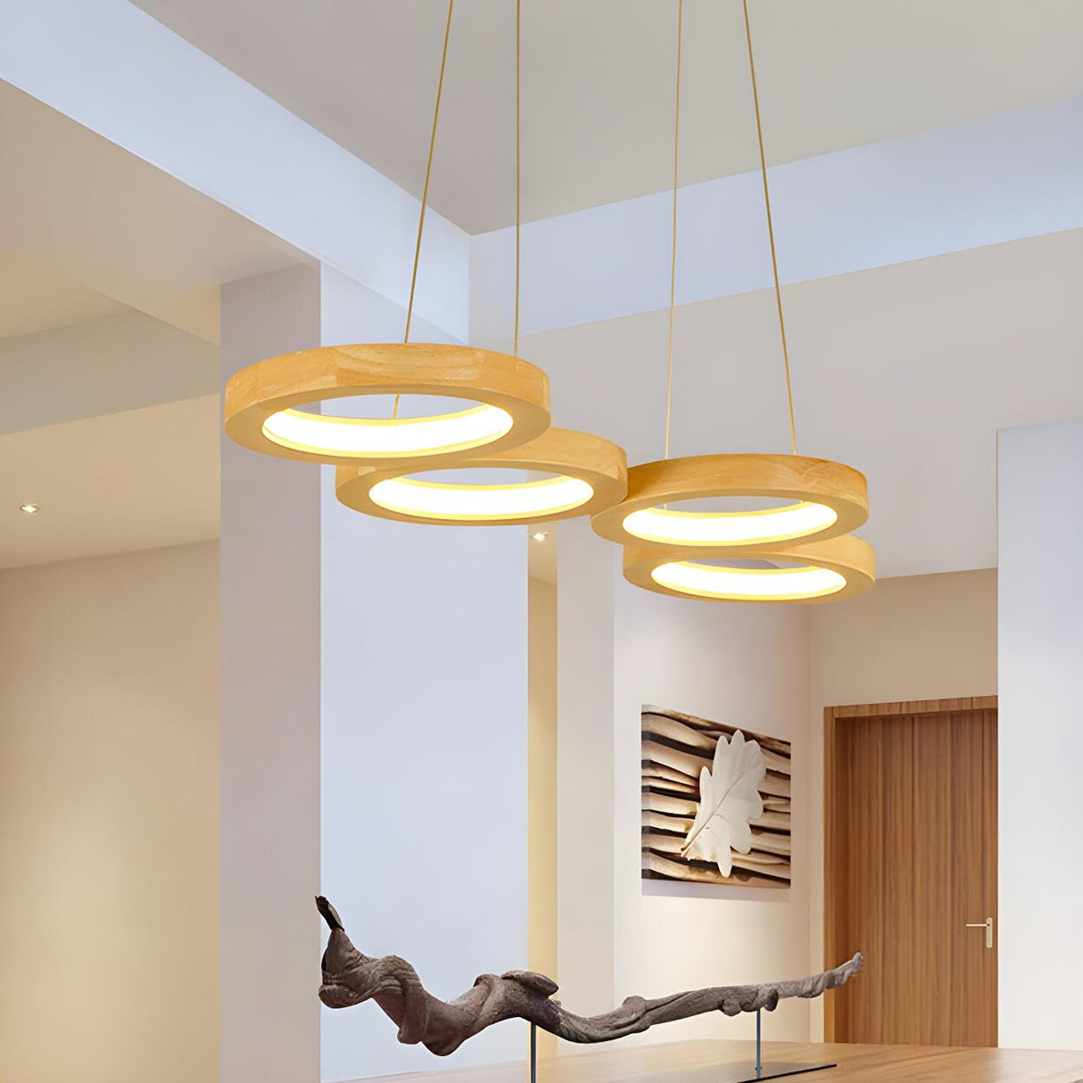 Modern Linear Wood Circle Pendant Dining Room Chandelier Image - 1