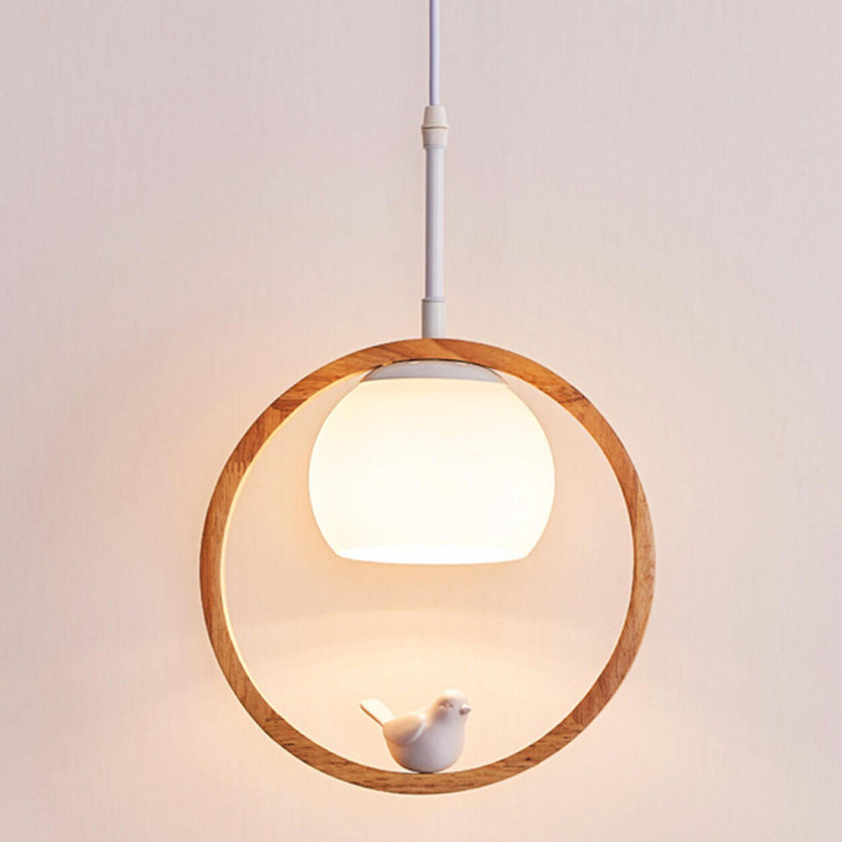 Modern Living Room Ceramic Bird Wooden Ring Pendant Light Image - 7