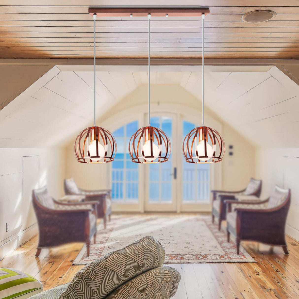 Modern Living Room Copper Wire Cage Dome Pendant Light Image - 2