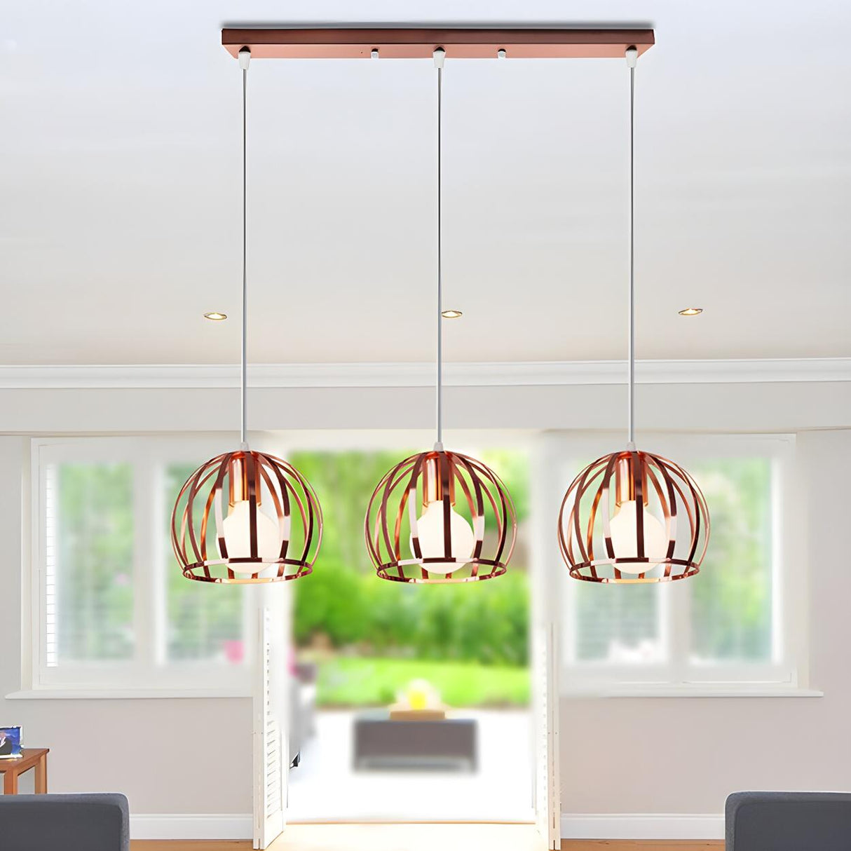 Modern Living Room Copper Wire Cage Dome Pendant Light Image - 8