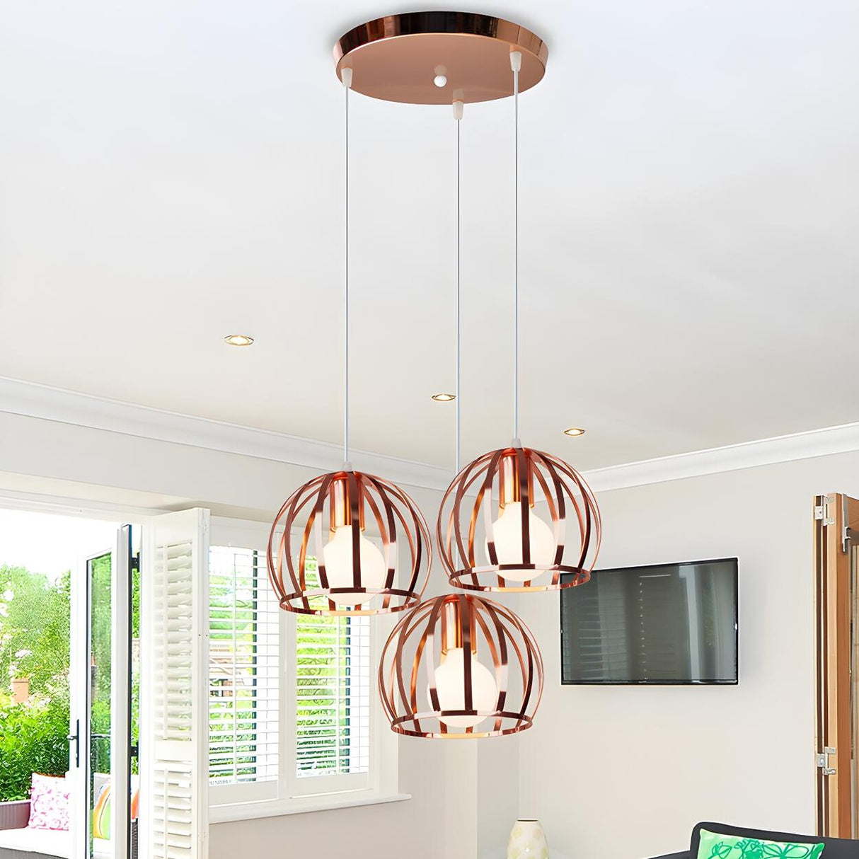 Modern Living Room Copper Wire Cage Dome Pendant Light Image - 9