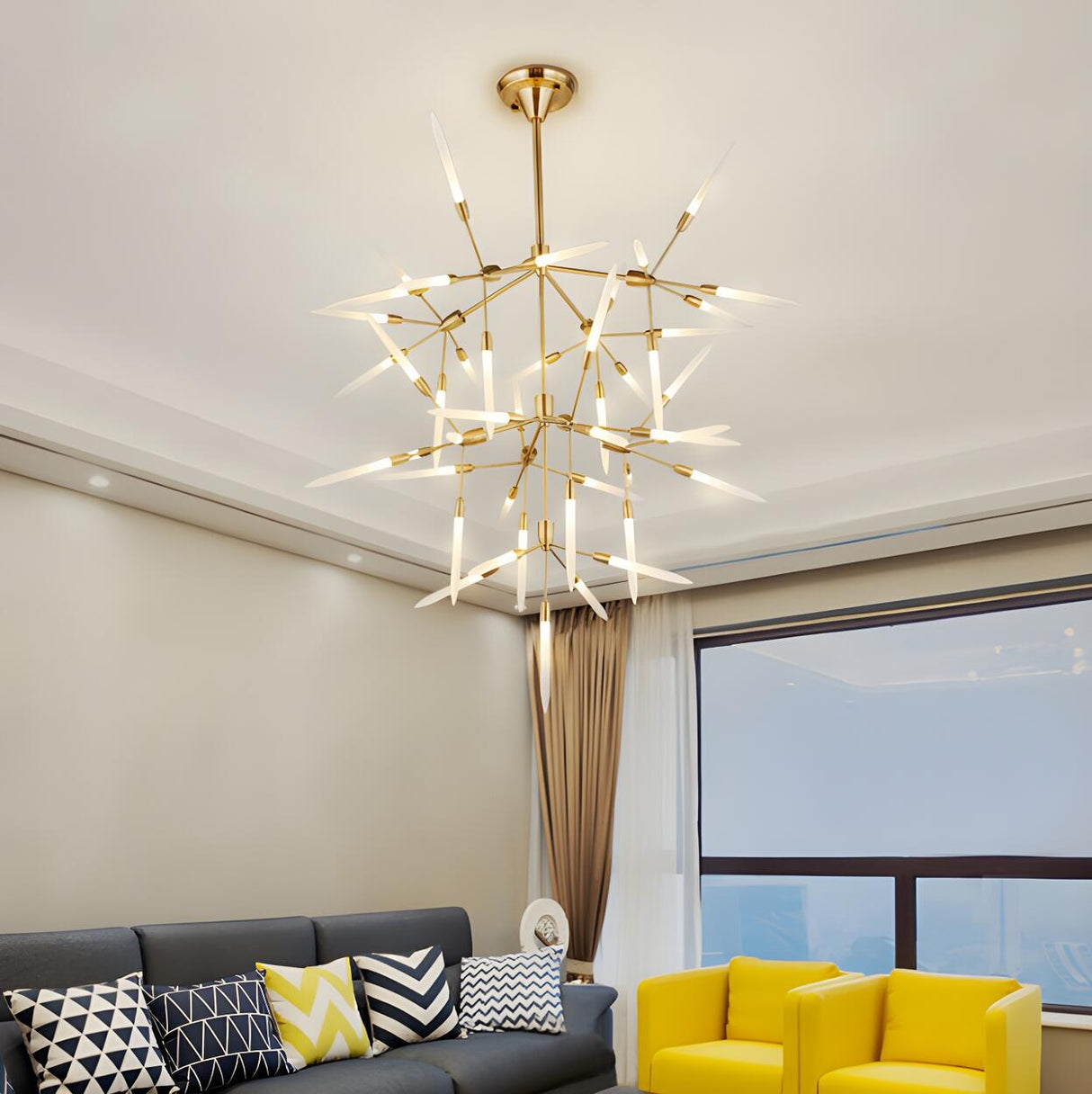 Modern Living Room Tiered Gold Angular Acrylic Chandelier Image - 1