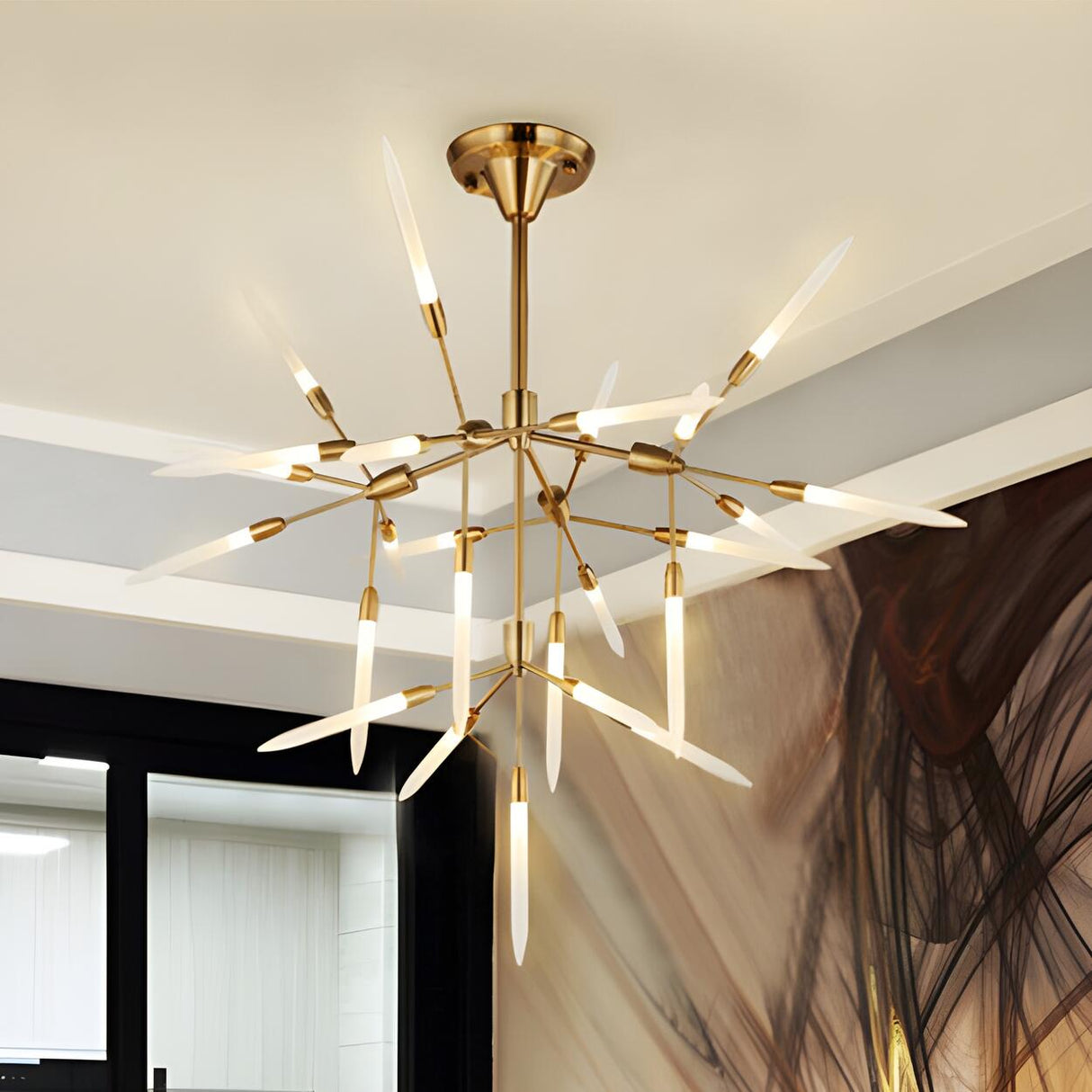 Modern Living Room Tiered Gold Angular Acrylic Chandelier Image - 4