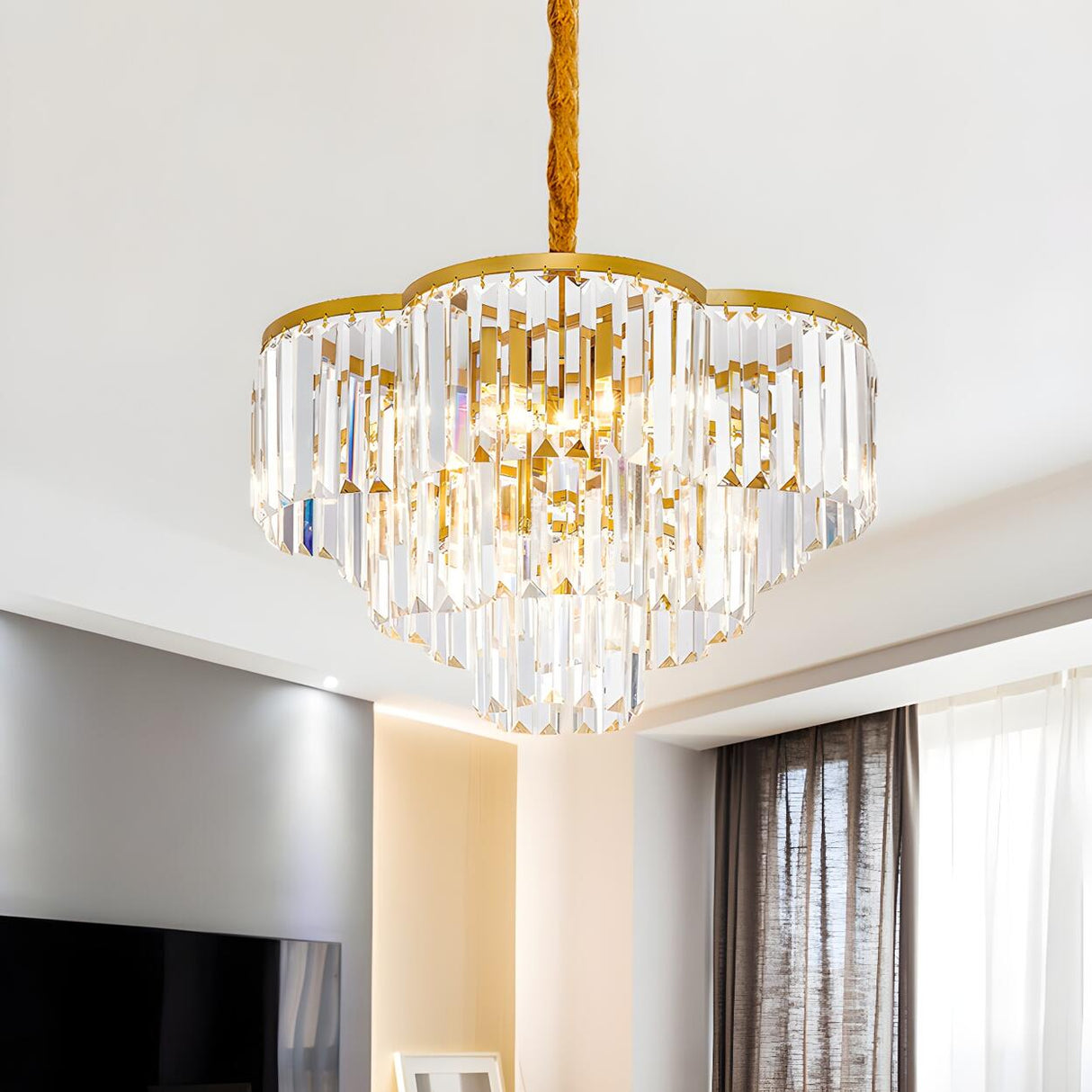 Modern Living Room Tiered Gold Crystal Chandelier Image - 1