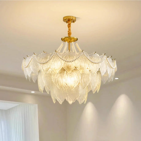 Modern Luxury 3-Tier Gold Pearl Crystal Leaf Chandelier Image - 1