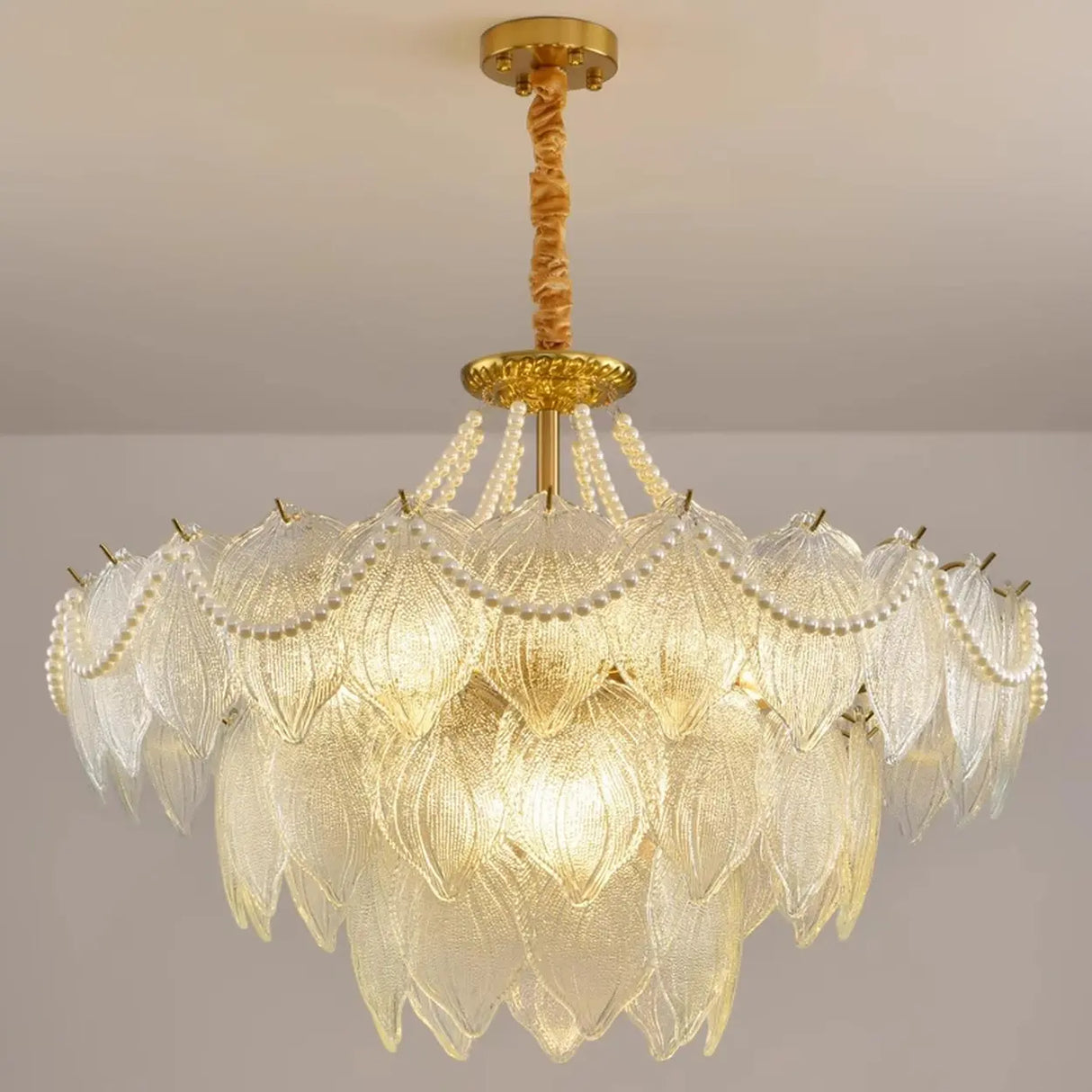 Modern Luxury 3-Tier Gold Pearl Crystal Leaf Chandelier Image - 3