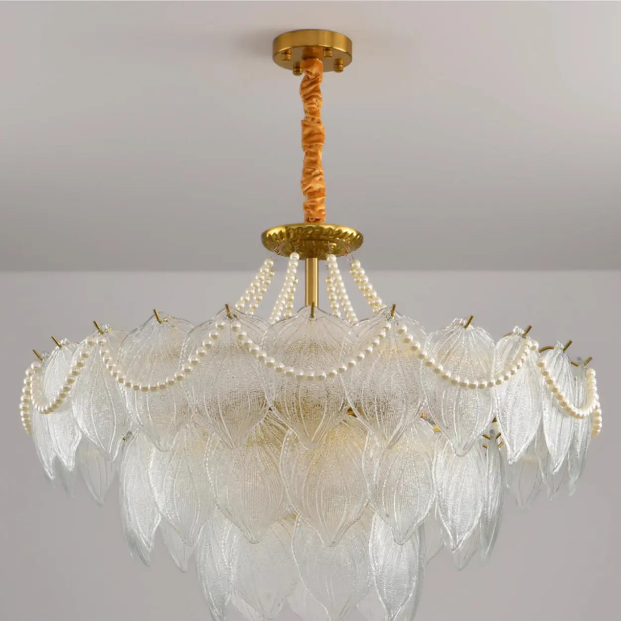 Modern Luxury 3-Tier Gold Pearl Crystal Leaf Chandelier Image - 4