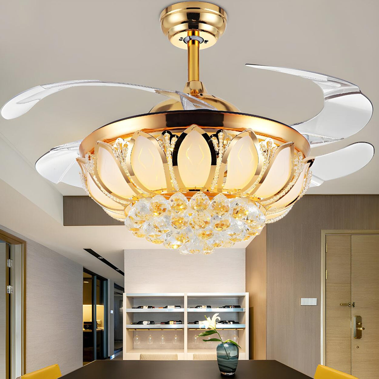 Modern Luxury Crystal Gold Bowl Ceiling Fan with Light Image - 1