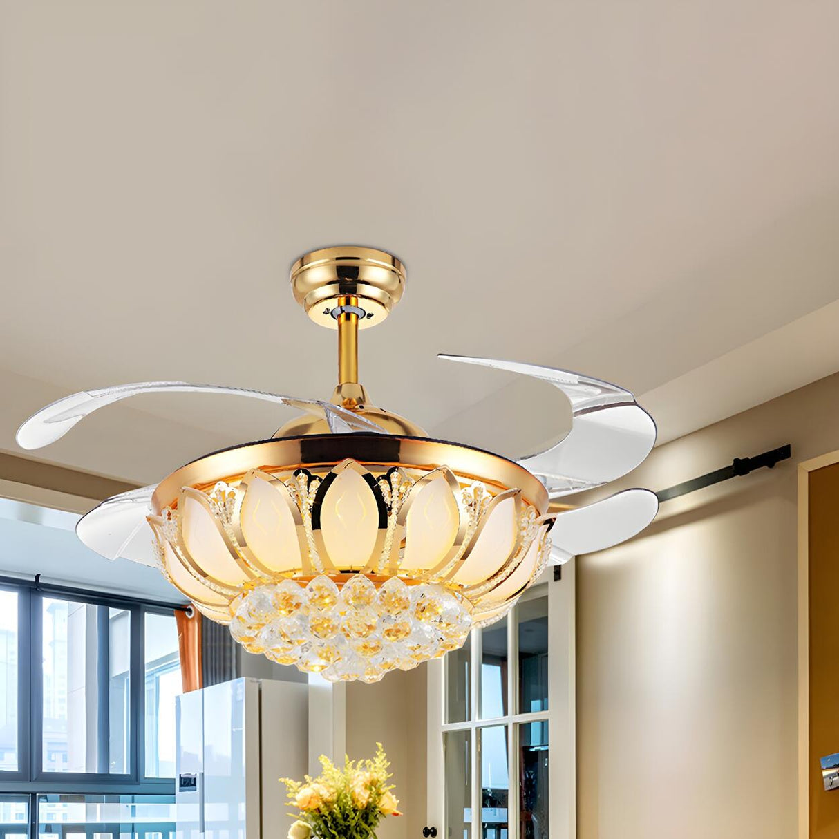 Modern Luxury Crystal Gold Bowl Ceiling Fan with Light Image - 10