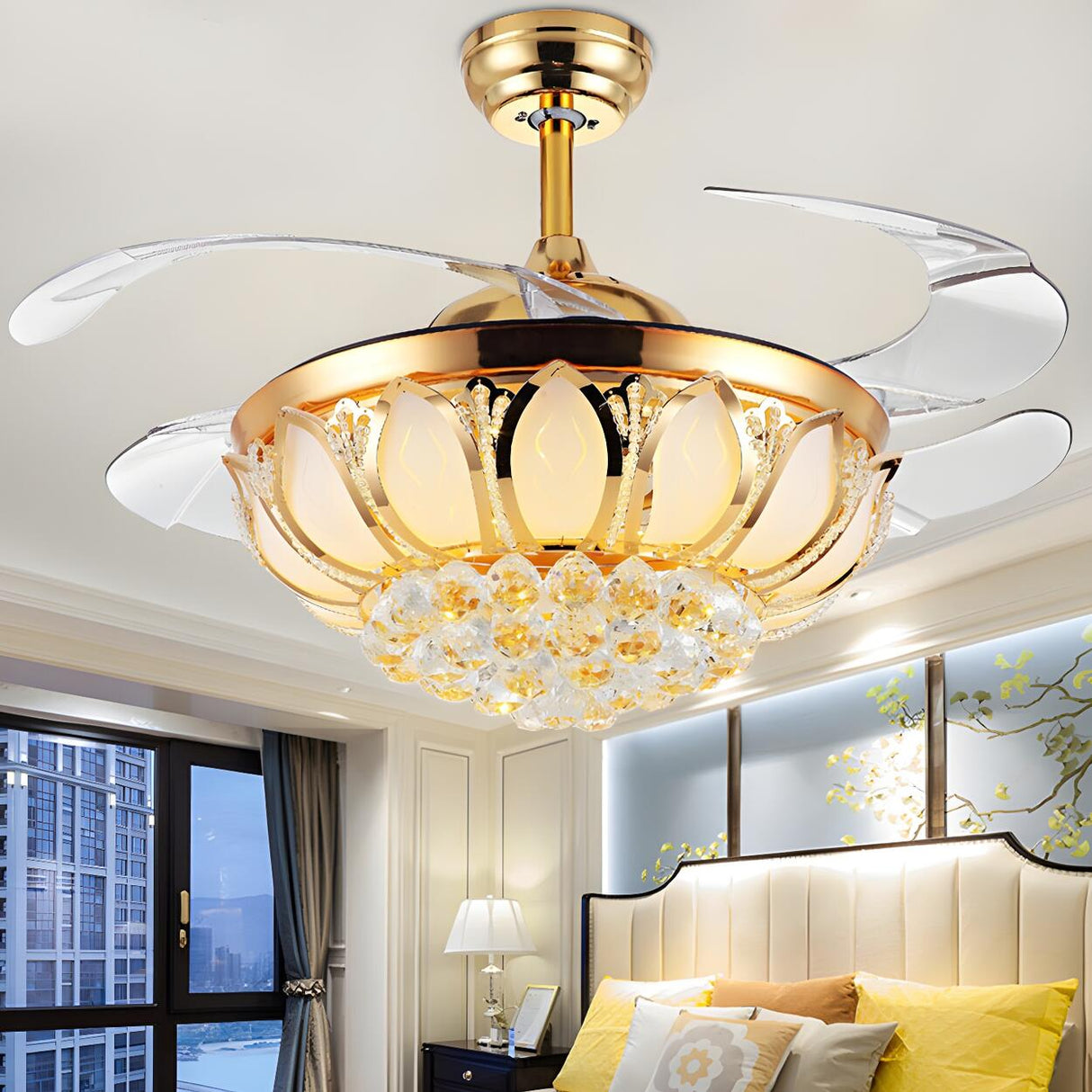 Modern Luxury Crystal Gold Bowl Ceiling Fan with Light Image - 3