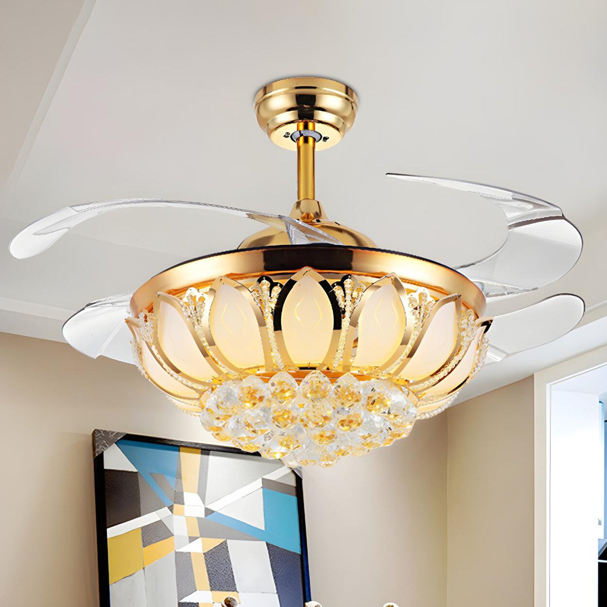 Modern Luxury Crystal Gold Bowl Ceiling Fan with Light Image - 4