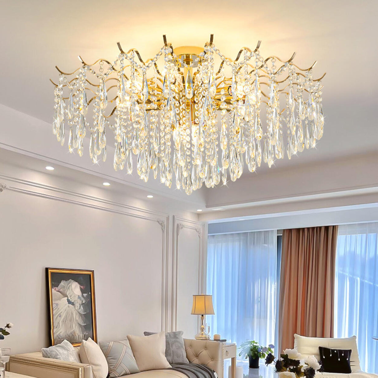  Modern Luxury Crystal Semi-Flush Mount Lamp Living Room Image - 1