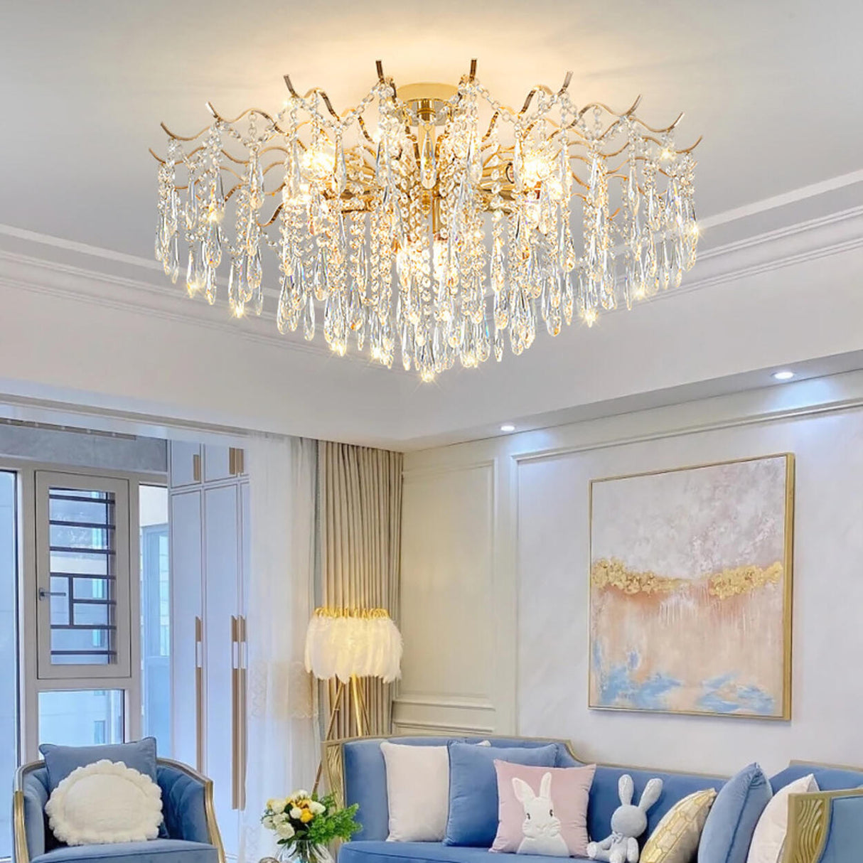  Modern Luxury Crystal Semi-Flush Mount Lamp Living Room Image - 4