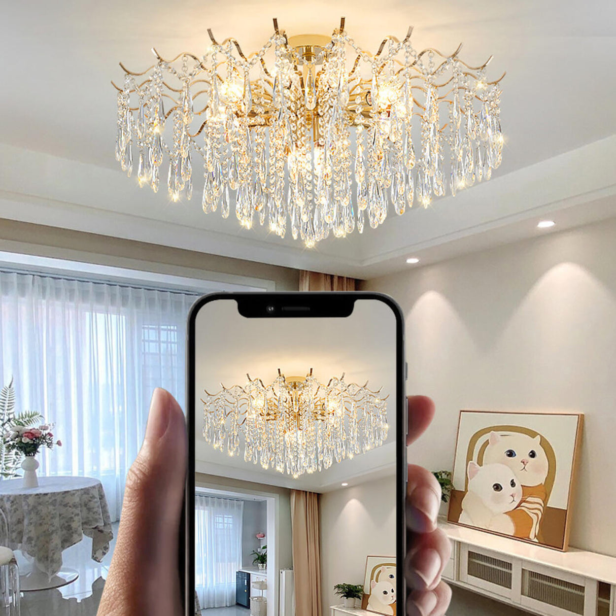  Modern Luxury Crystal Semi-Flush Mount Lamp Living Room Image - 6