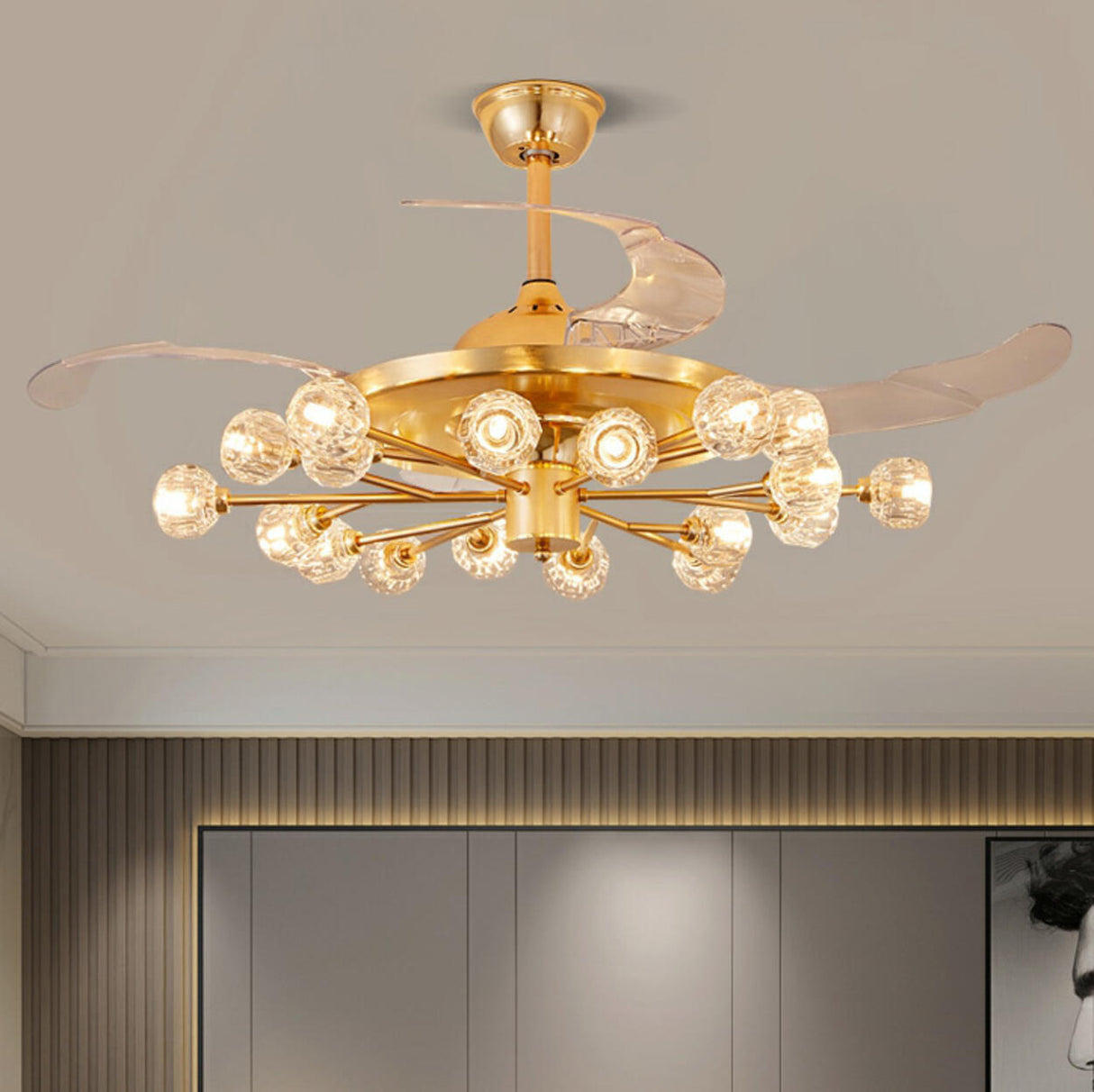 Modern Luxury Crystal Sputnik Chandelier Fan with Light Image - 3