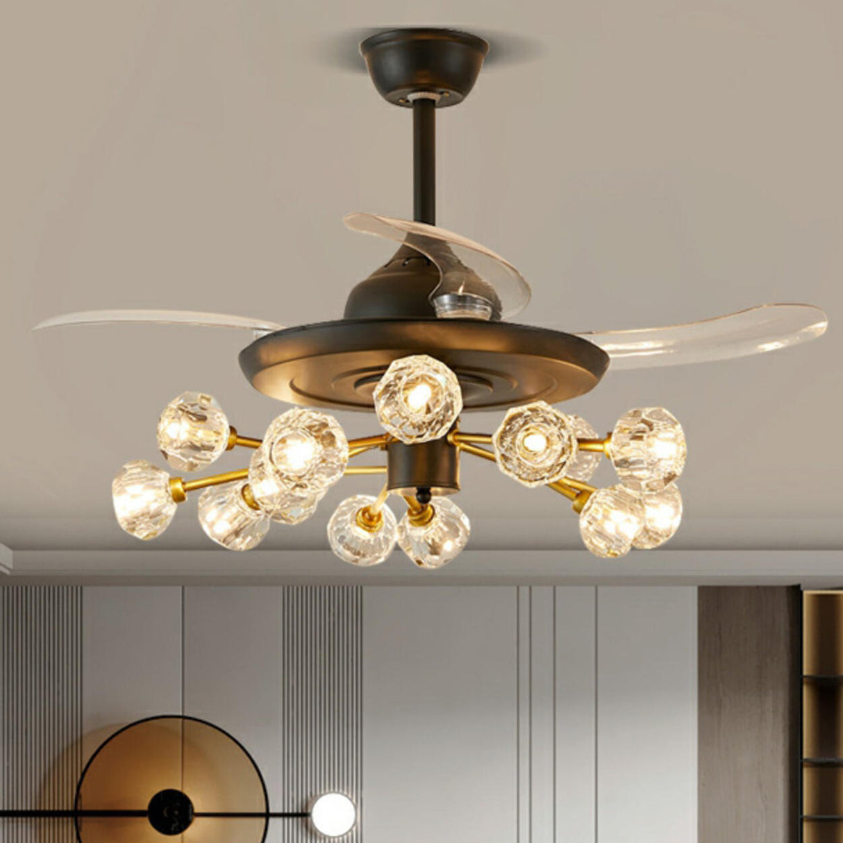 Modern Luxury Crystal Sputnik Chandelier Fan with Light Image - 5