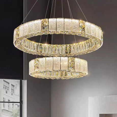 Modern Luxury Ring Crystal Gold 2 Tiers Chandelier Image - 2