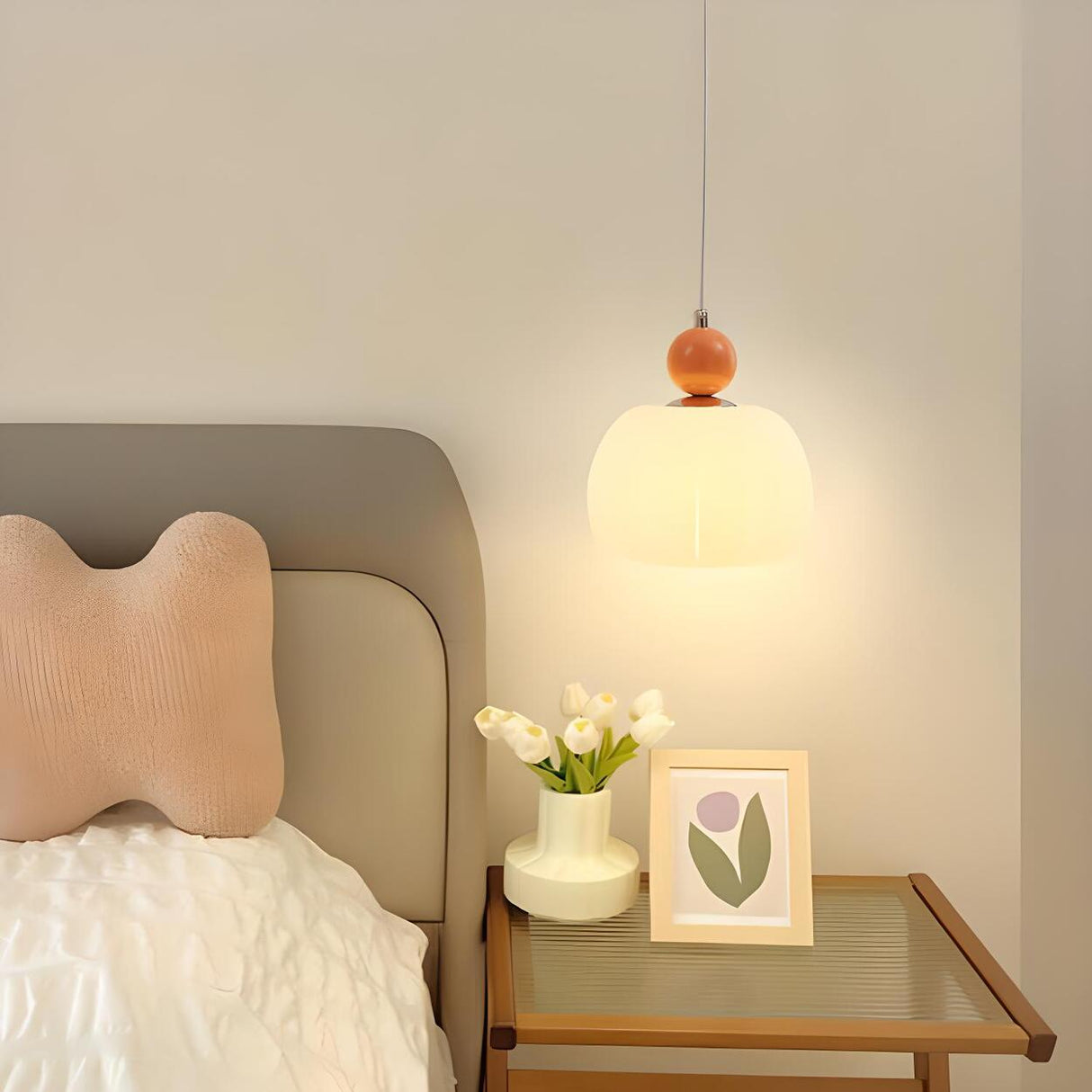 Modern Macaron Orange Cream Globe Bedroom Pendant Light Image - 1