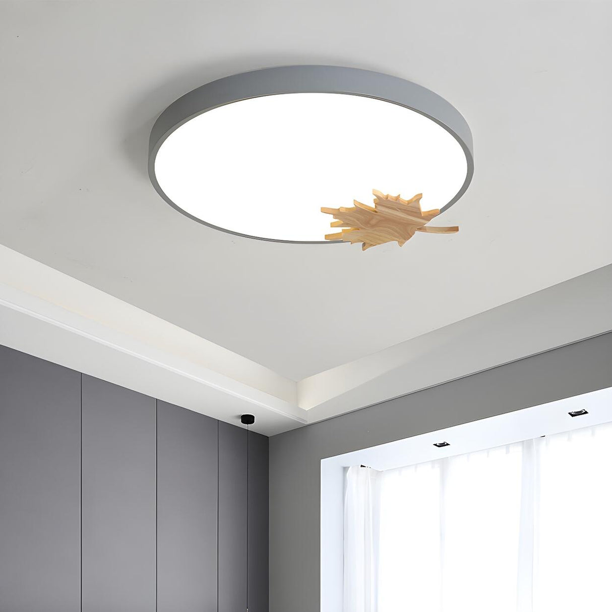 Modern Maple Leaf Grey Round LED Flush Mount Light Image - 1