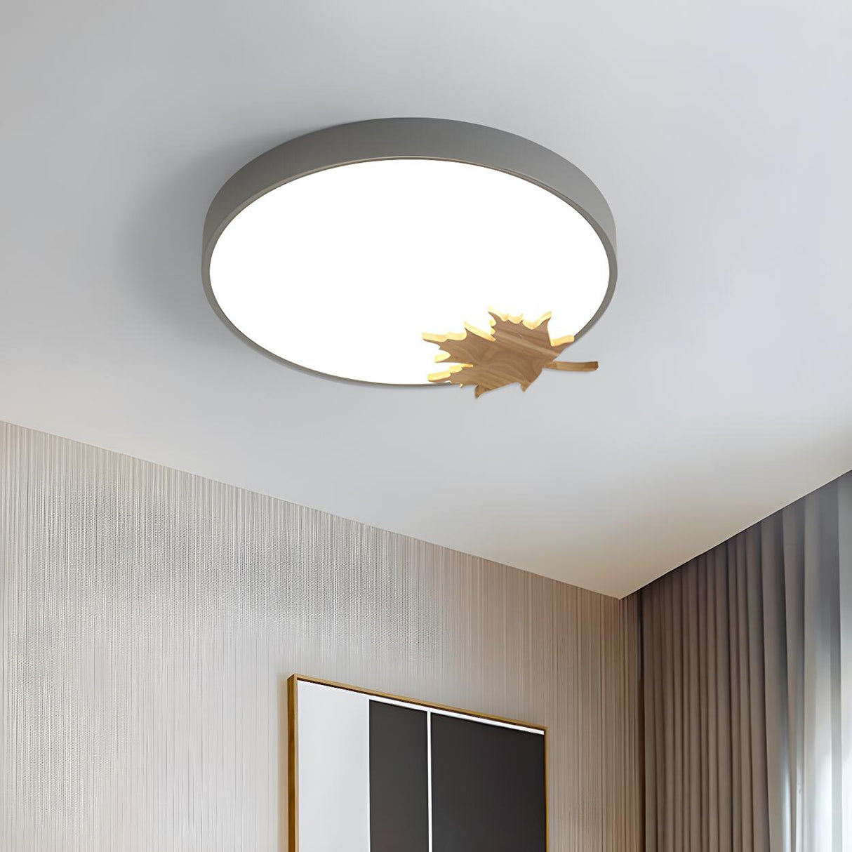 Modern Maple Leaf Grey Round LED Flush Mount Light Image - 2